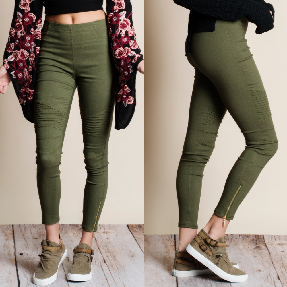 Olive Moto Zipper Leggings - Picture 1 of 2